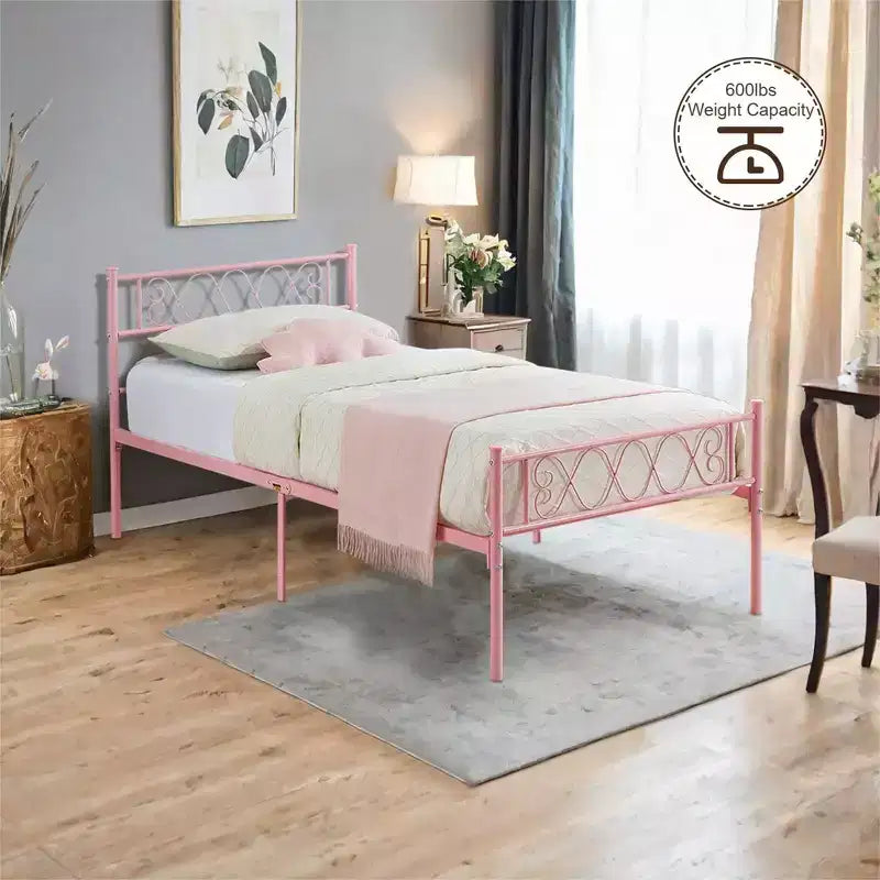 Struttura letto matrimoniale in metallo, Struttura letto a piattaforma, Base materasso con testiera e pediera, NON è richiesta la rete a molle, Facile montaggio, Rosa