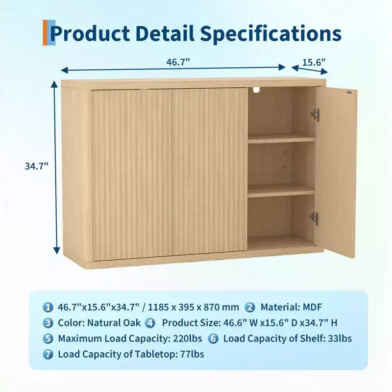 46.7 Credenza con buffet e vano contenitore, credenza accentata moderna con scanalature, ripiani regolabili e 3 ante, consolle da bar in legno per