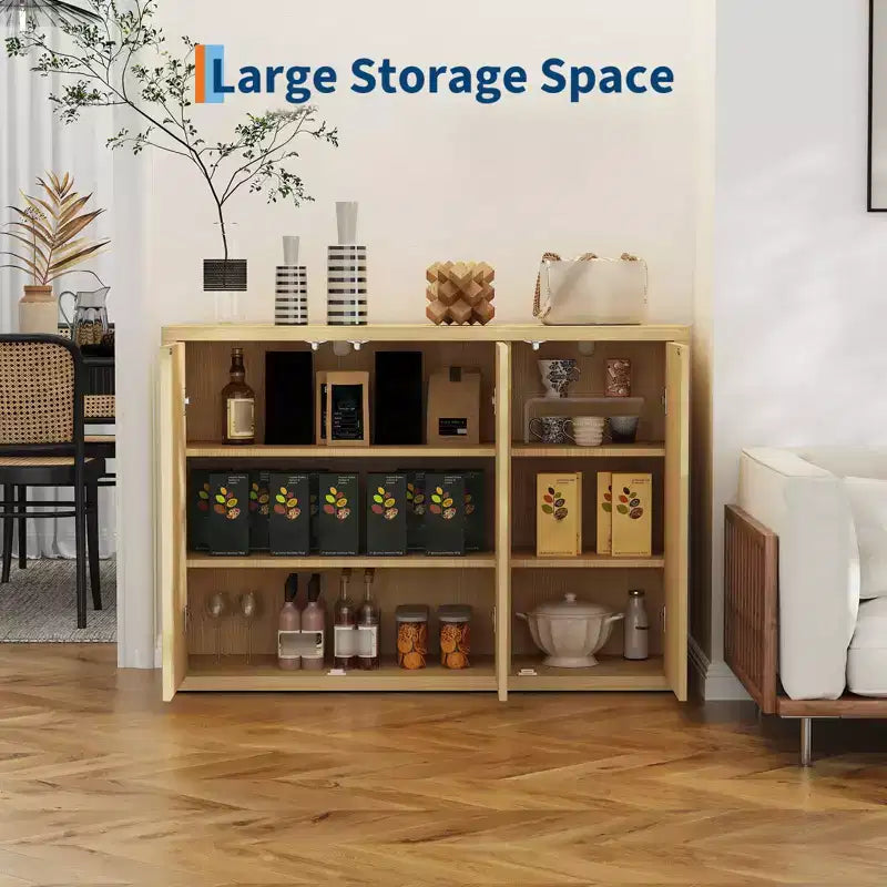 46.7 Credenza con buffet e vano contenitore, credenza accentata moderna con scanalature, ripiani regolabili e 3 ante, consolle da bar in legno per