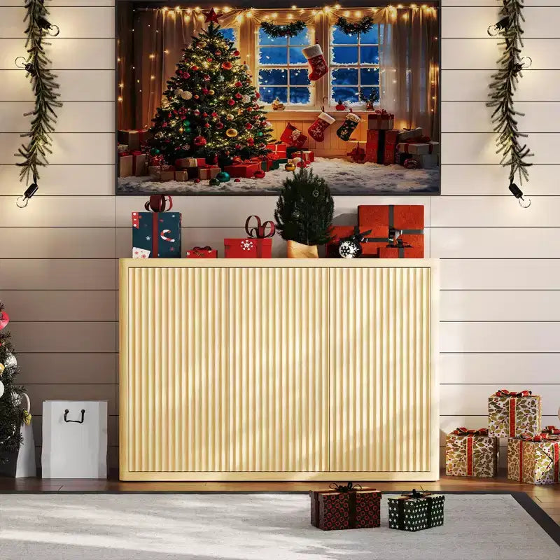 46.7 Credenza con buffet e vano contenitore, credenza accentata moderna con scanalature, ripiani regolabili e 3 ante, consolle da bar in legno per
