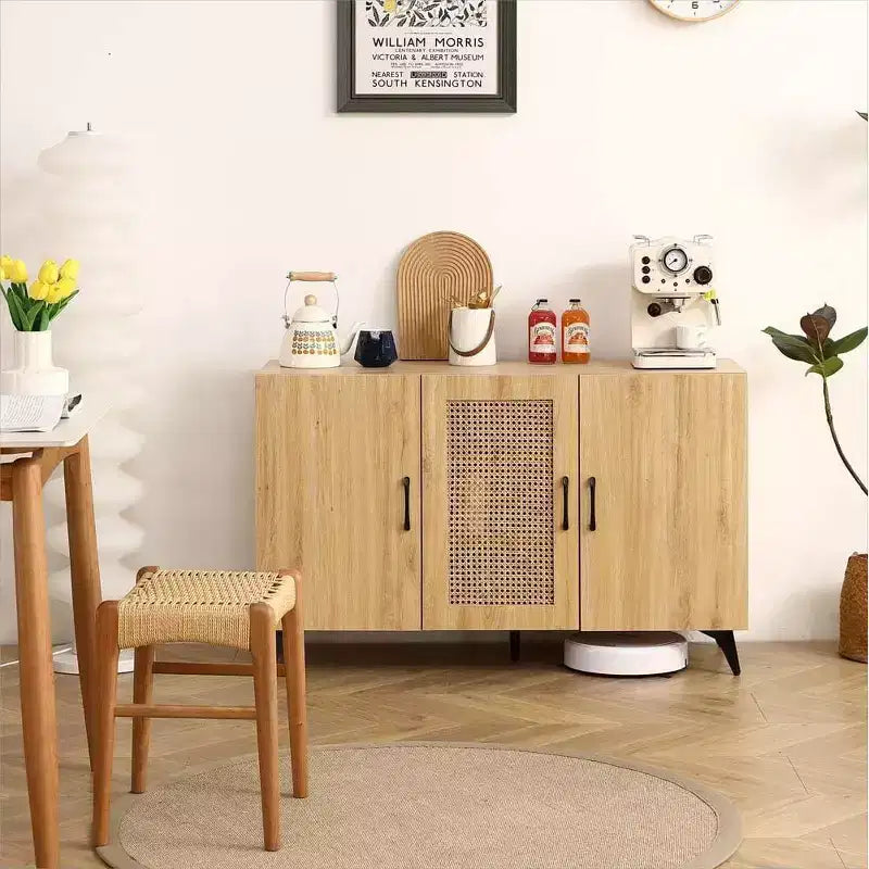 Madia Credenza - Mobile Buffet con Anta in Rattan e Struttura in Legno, Tavolo Consolle per Ingresso Soggiorno Ristorante