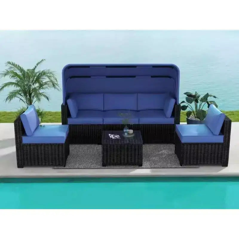 Ensemble de 6 chaises longues d'extérieur avec auvent rétractable, salon de jardin avec dossiers réglables, chaises longues
