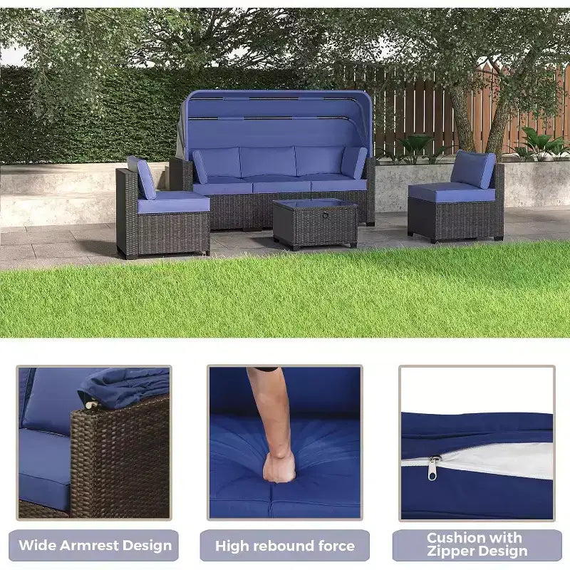 Ensemble de 6 chaises longues d'extérieur avec auvent rétractable, salon de jardin avec dossiers réglables, chaises longues