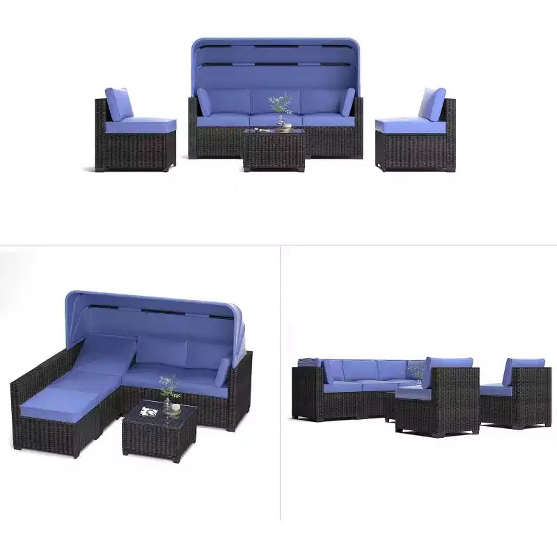 Ensemble de 6 chaises longues d'extérieur avec auvent rétractable, salon de jardin avec dossiers réglables, chaises longues