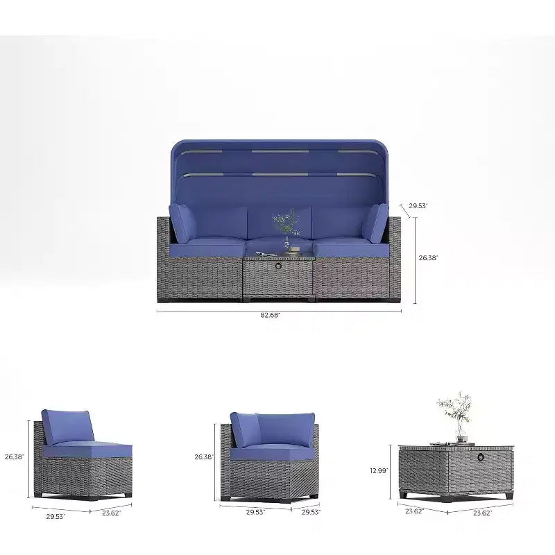 Ensemble de 6 chaises longues d'extérieur avec auvent rétractable, salon de jardin avec dossiers réglables, chaises longues