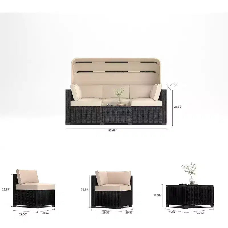 Ensemble de 6 chaises longues d'extérieur avec auvent rétractable, salon de jardin avec dossiers réglables, chaises longues