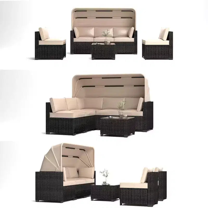 Ensemble de 6 chaises longues d'extérieur avec auvent rétractable, salon de jardin avec dossiers réglables, chaises longues
