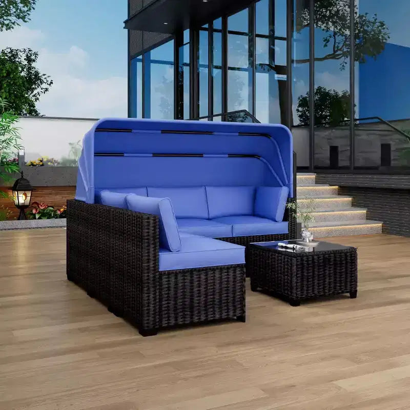 Set da 6 Pezzi di Divani Letto da Esterno, Divano Letto con Baldacchino Retrattile, Set Lounge da Patio per Esterni con Schienali Regolabili, Chaise Longue