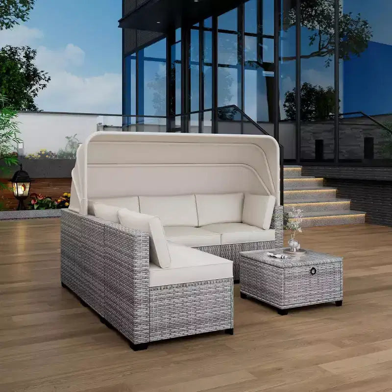 Set da 6 Pezzi di Divani Letto da Esterno, Divano Letto con Baldacchino Retrattile, Set Lounge da Patio per Esterni con Schienali Regolabili, Chaise Longue