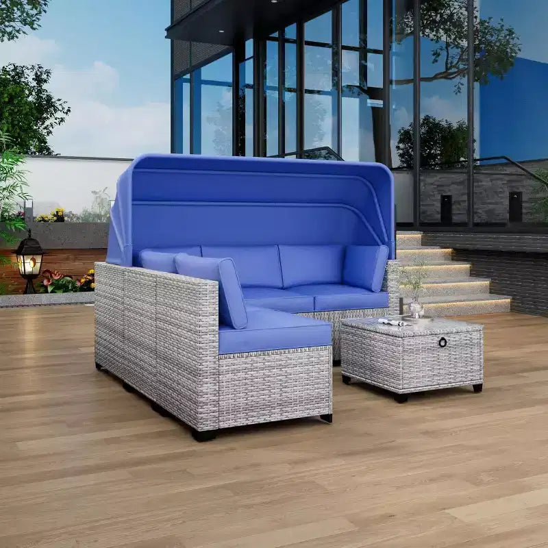 Set da 6 Pezzi di Divani Letto da Esterno, Divano Letto con Baldacchino Retrattile, Set Lounge da Patio per Esterni con Schienali Regolabili, Chaise Longue