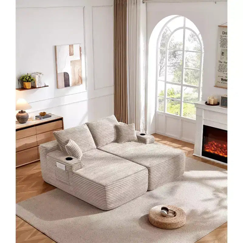 Divano Sezionale 69Cloud, Chaise longue a L, Chaise longue a R, Seduta Profonda, 2 Posti, Tessuto Felpato, Beige