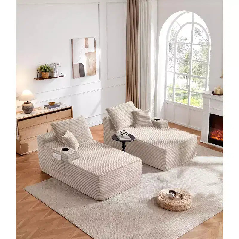 Divano Sezionale 69Cloud, Chaise longue a L, Chaise longue a R, Seduta Profonda, 2 Posti, Tessuto Felpato, Beige