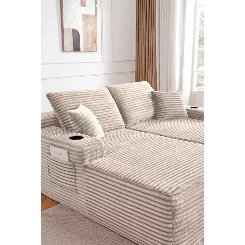 Divano Sezionale 69Cloud, Chaise longue a L, Chaise longue a R, Seduta Profonda, 2 Posti, Tessuto Felpato, Beige