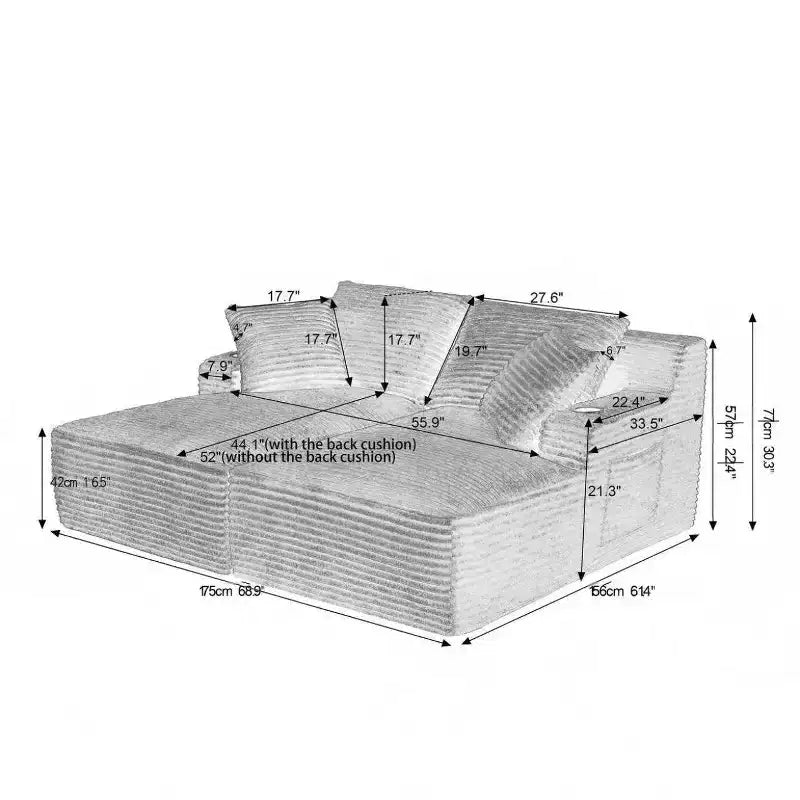 Divano Sezionale 69Cloud, Chaise longue a L, Chaise longue a R, Seduta Profonda, 2 Posti, Tessuto Felpato, Beige