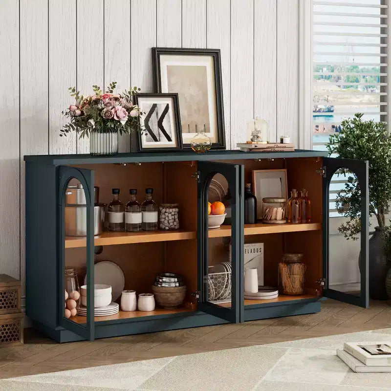 Mobile da Buffet a 4 Ante Grande con Ante in Vetro, Mobile Ad Arco con Ripiani Regolabili per Cucina, Sala da Pranzo