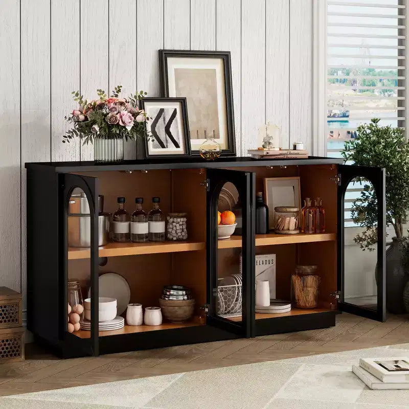 Mobile da Buffet a 4 Ante Grande con Ante in Vetro, Mobile Ad Arco con Ripiani Regolabili per Cucina, Sala da Pranzo