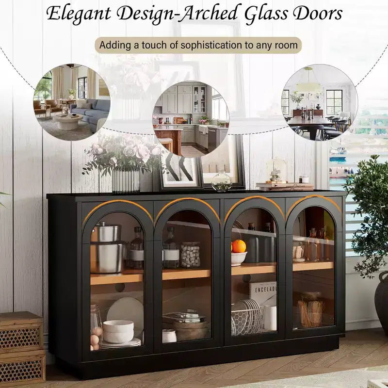 Mobile da Buffet a 4 Ante Grande con Ante in Vetro, Mobile Ad Arco con Ripiani Regolabili per Cucina, Sala da Pranzo