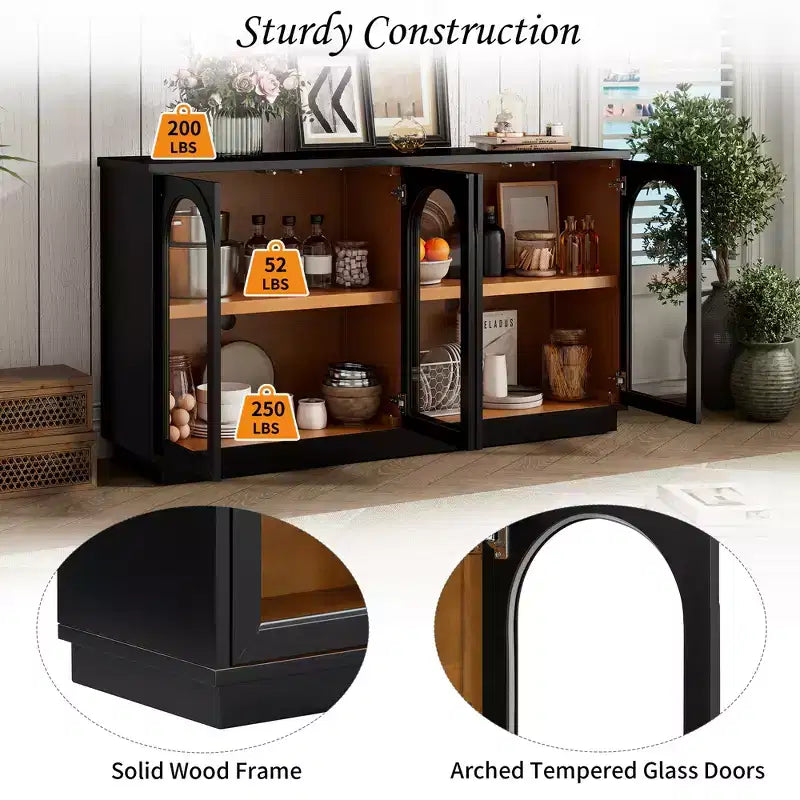 Mobile da Buffet a 4 Ante Grande con Ante in Vetro, Mobile Ad Arco con Ripiani Regolabili per Cucina, Sala da Pranzo