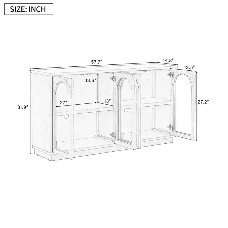Mobile da Buffet a 4 Ante Grande con Ante in Vetro, Mobile Ad Arco con Ripiani Regolabili per Cucina, Sala da Pranzo