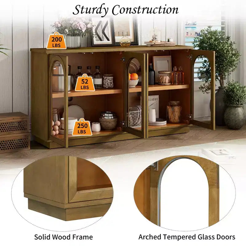 Mobile da Buffet a 4 Ante Grande con Ante in Vetro, Mobile Ad Arco con Ripiani Regolabili per Cucina, Sala da Pranzo