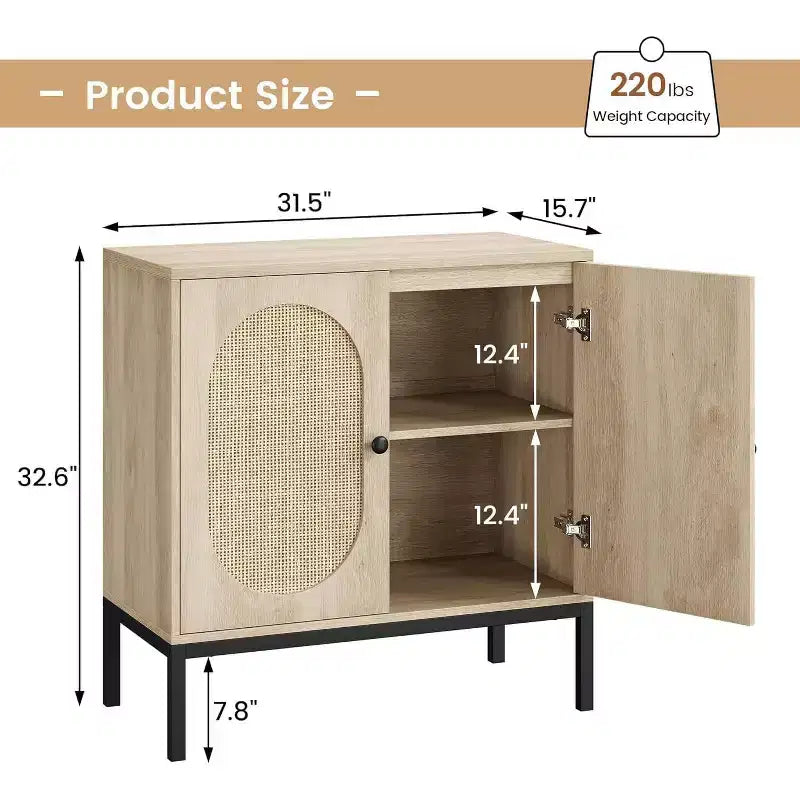 Mobiletto in rattan con ripiani regolabili, Credenza a buffet per ingresso, soggiorno e cucina, 80 cm (L) x 40 cm (P)