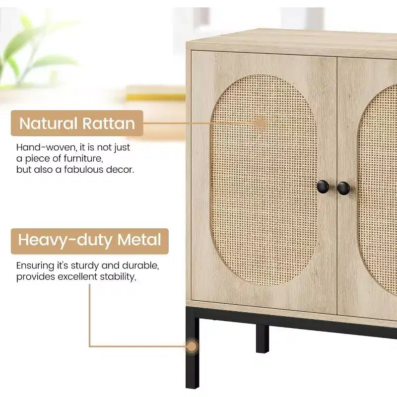 Mobiletto in rattan con ripiani regolabili, Credenza a buffet per ingresso, soggiorno e cucina, 80 cm (L) x 40 cm (P)