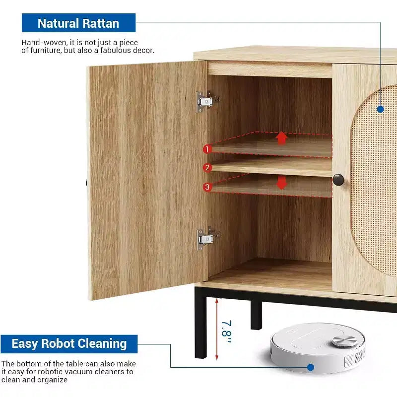 Mobiletto in rattan con ripiani regolabili, Credenza a buffet per ingresso, soggiorno e cucina, 80 cm (L) x 40 cm (P)