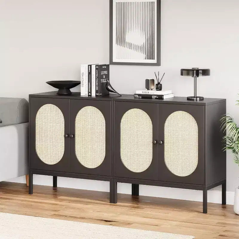 Mobiletto in rattan con ripiani regolabili, Credenza a buffet per ingresso, soggiorno e cucina, 80 cm (L) x 40 cm (P)