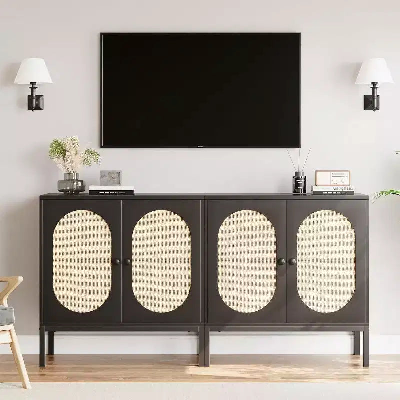 Mobiletto in rattan con ripiani regolabili, Credenza a buffet per ingresso, soggiorno e cucina, 80 cm (L) x 40 cm (P)