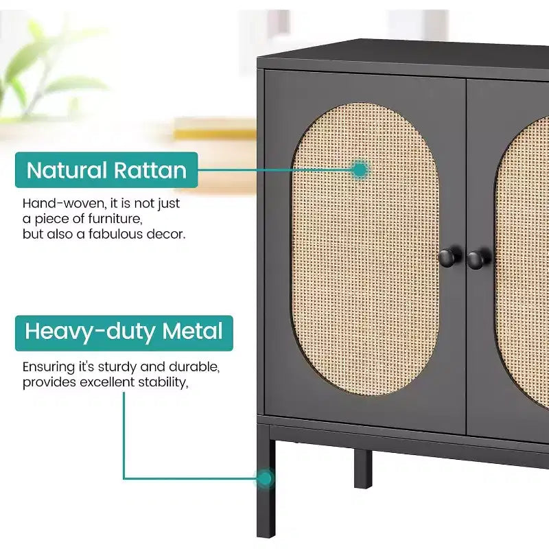 Mobiletto in rattan con ripiani regolabili, Credenza a buffet per ingresso, soggiorno e cucina, 80 cm (L) x 40 cm (P)