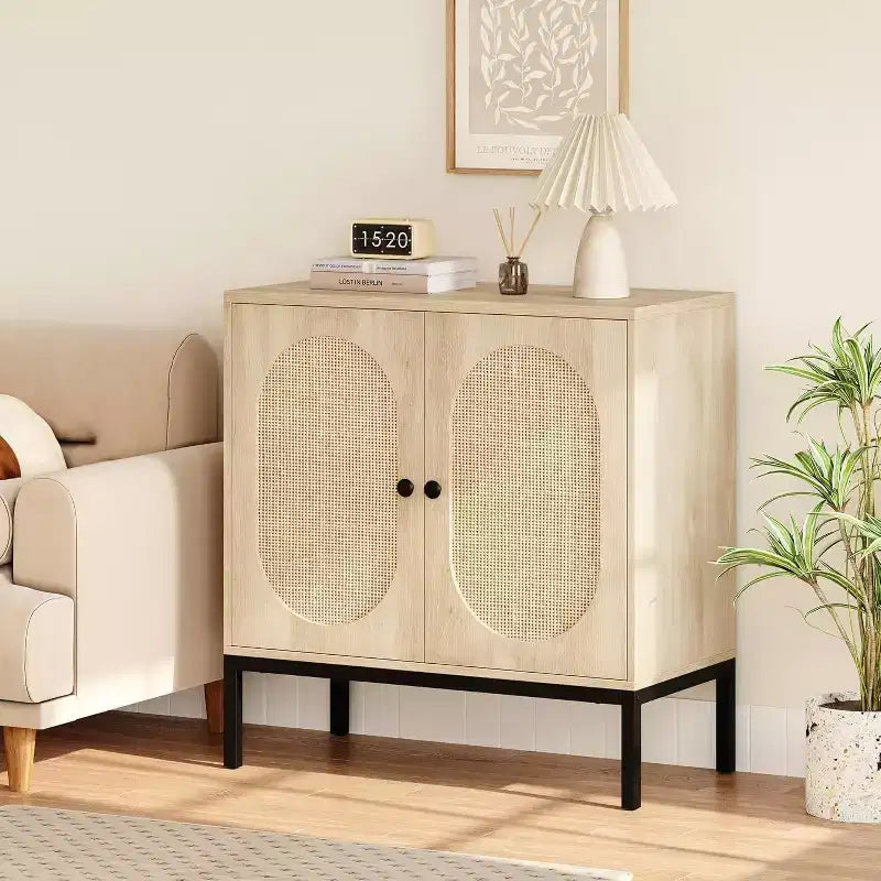 Mobiletto in rattan con ripiani regolabili, Credenza a buffet per ingresso, soggiorno e cucina, 80 cm (L) x 40 cm (P)