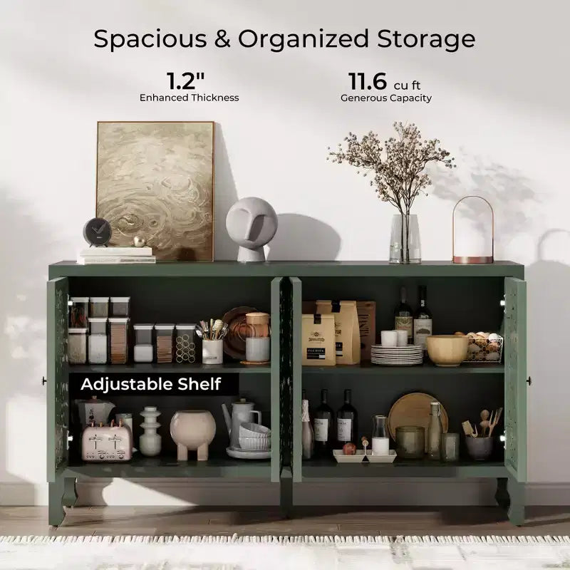 Credenza Buffet con Mobile Contenitore, Mobile Contenitore Effetto Invecchiato con 4 Ante Intagliate e Ripiano Regolabile, Credenze Buffet Laterali in Legno