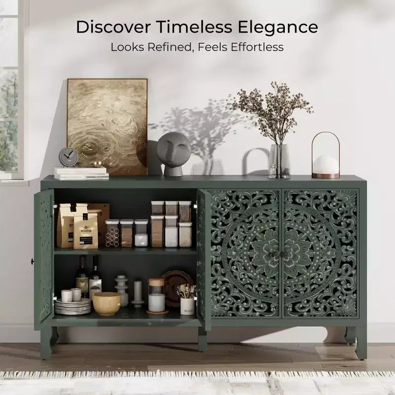 Credenza Buffet con Mobile Contenitore, Mobile Contenitore Effetto Invecchiato con 4 Ante Intagliate e Ripiano Regolabile, Credenze Buffet Laterali in Legno