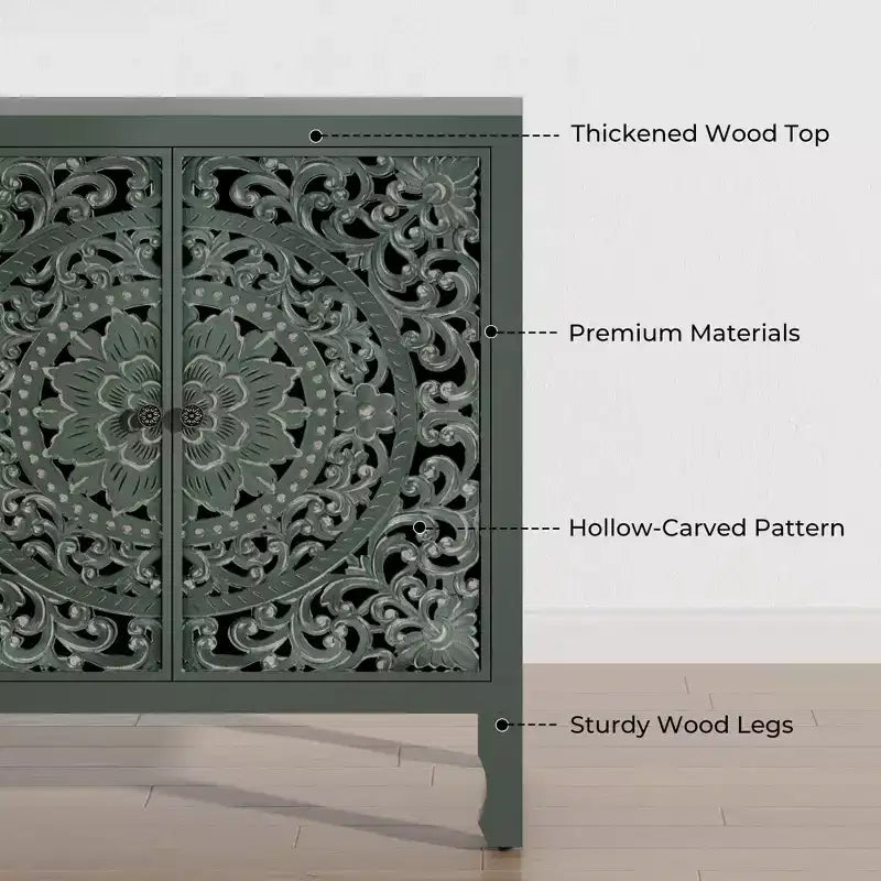 Credenza Buffet con Mobile Contenitore, Mobile Contenitore Effetto Invecchiato con 4 Ante Intagliate e Ripiano Regolabile, Credenze Buffet Laterali in Legno