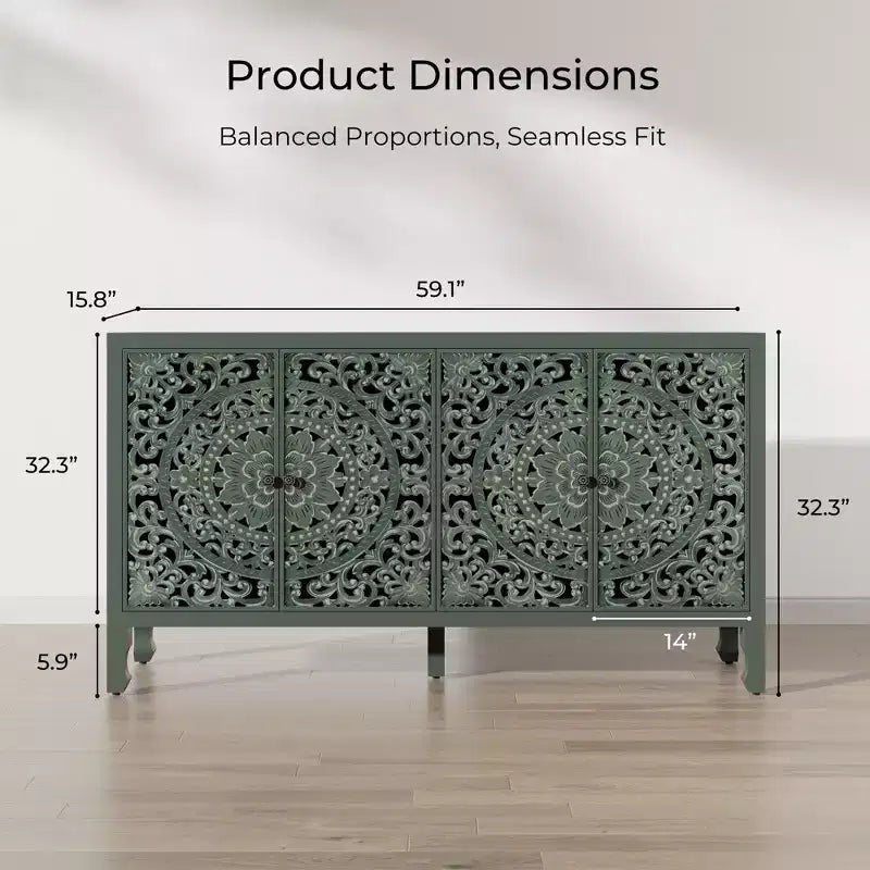 Credenza Buffet con Mobile Contenitore, Mobile Contenitore Effetto Invecchiato con 4 Ante Intagliate e Ripiano Regolabile, Credenze Buffet Laterali in Legno