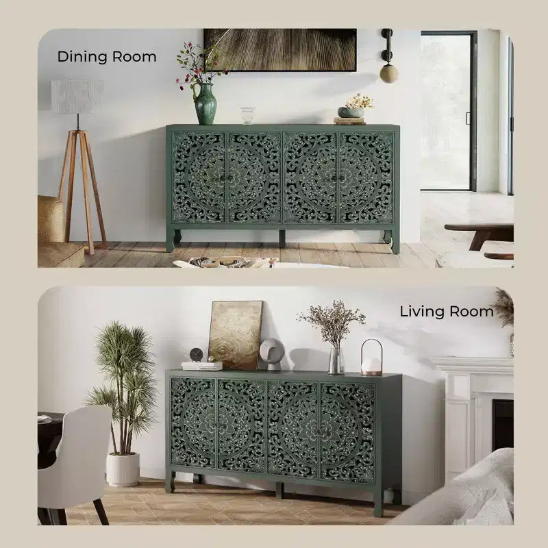 Credenza Buffet con Mobile Contenitore, Mobile Contenitore Effetto Invecchiato con 4 Ante Intagliate e Ripiano Regolabile, Credenze Buffet Laterali in Legno