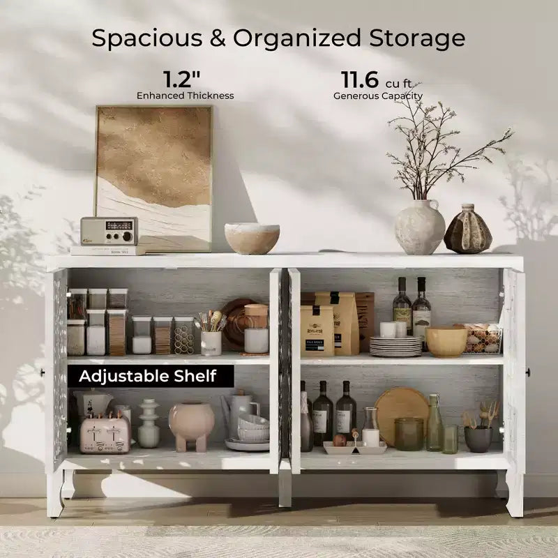 Credenza Buffet con Mobile Contenitore, Mobile Contenitore Effetto Invecchiato con 4 Ante Intagliate e Ripiano Regolabile, Credenze Buffet Laterali in Legno