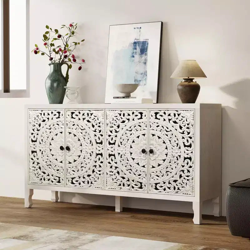 Credenza Buffet con Mobile Contenitore, Mobile Contenitore Effetto Invecchiato con 4 Ante Intagliate e Ripiano Regolabile, Credenze Buffet Laterali in Legno