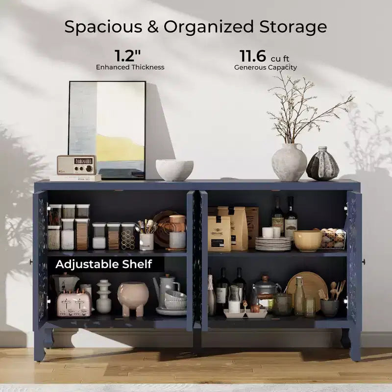 Credenza Buffet con Mobile Contenitore, Mobile Contenitore Effetto Invecchiato con 4 Ante Intagliate e Ripiano Regolabile, Credenze Buffet Laterali in Legno