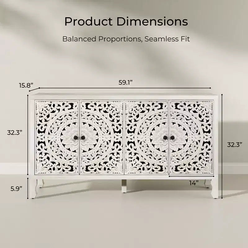 Credenza Buffet con Mobile Contenitore, Mobile Contenitore Effetto Invecchiato con 4 Ante Intagliate e Ripiano Regolabile, Credenze Buffet Laterali in Legno