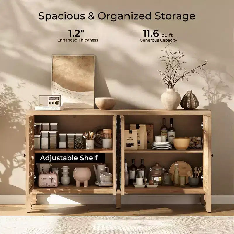 Credenza Buffet con Mobile Contenitore, Mobile Contenitore Effetto Invecchiato con 4 Ante Intagliate e Ripiano Regolabile, Credenze Buffet Laterali in Legno