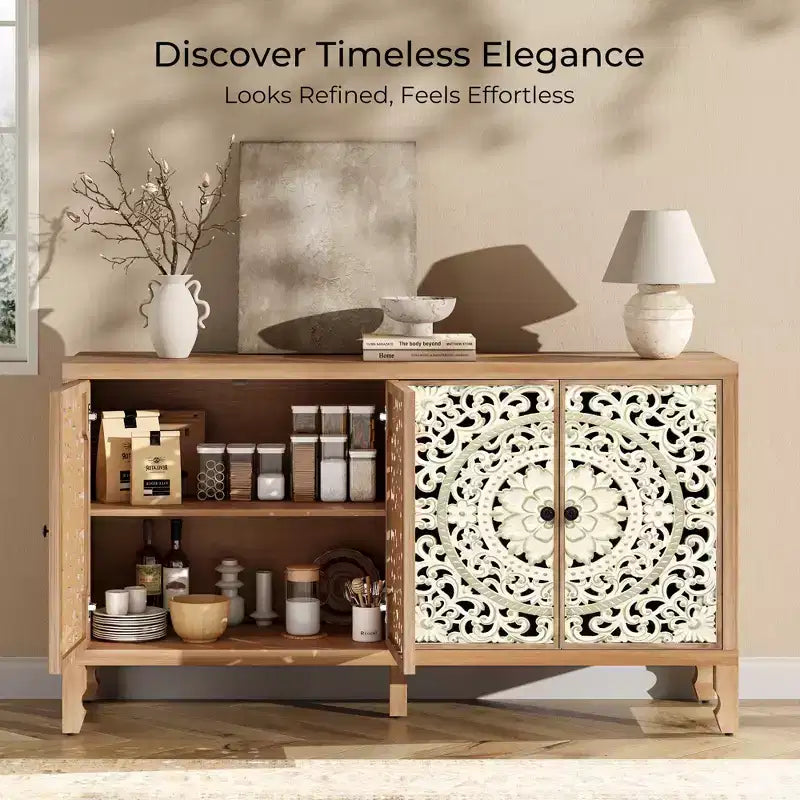 Credenza Buffet con Mobile Contenitore, Mobile Contenitore Effetto Invecchiato con 4 Ante Intagliate e Ripiano Regolabile, Credenze Buffet Laterali in Legno
