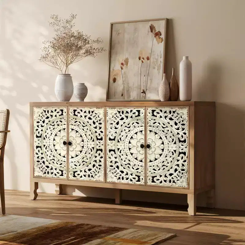 Credenza Buffet con Mobile Contenitore, Mobile Contenitore Effetto Invecchiato con 4 Ante Intagliate e Ripiano Regolabile, Credenze Buffet Laterali in Legno