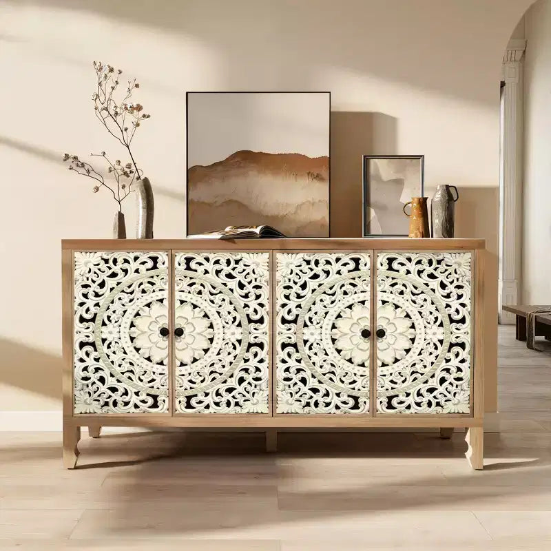 Credenza Buffet con Mobile Contenitore, Mobile Contenitore Effetto Invecchiato con 4 Ante Intagliate e Ripiano Regolabile, Credenze Buffet Laterali in Legno
