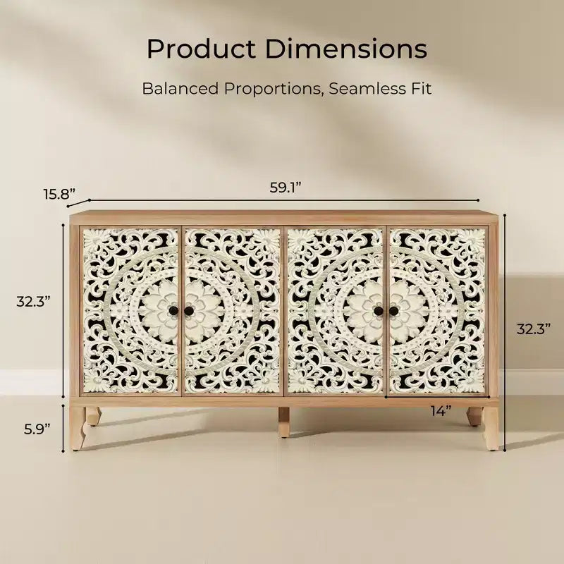 Credenza Buffet con Mobile Contenitore, Mobile Contenitore Effetto Invecchiato con 4 Ante Intagliate e Ripiano Regolabile, Credenze Buffet Laterali in Legno