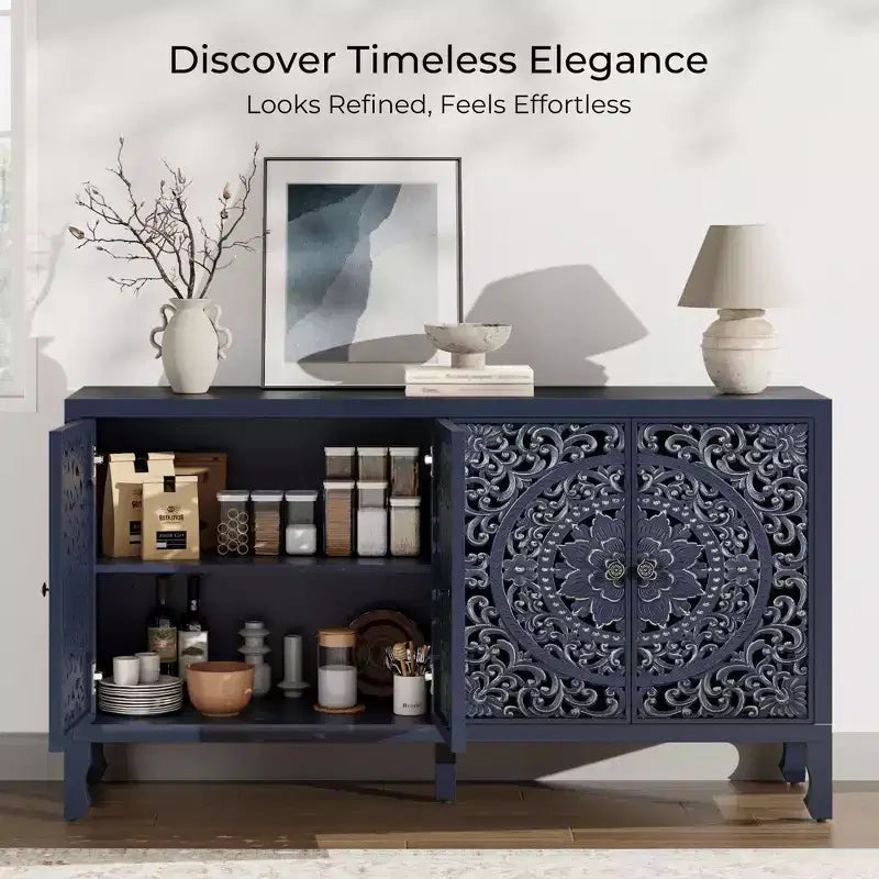 Credenza Buffet con Mobile Contenitore, Mobile Contenitore Effetto Invecchiato con 4 Ante Intagliate e Ripiano Regolabile, Credenze Buffet Laterali in Legno