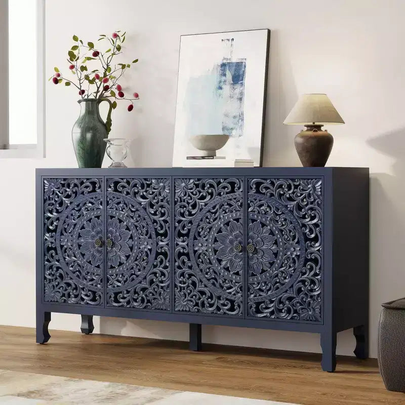 Credenza Buffet con Mobile Contenitore, Mobile Contenitore Effetto Invecchiato con 4 Ante Intagliate e Ripiano Regolabile, Credenze Buffet Laterali in Legno