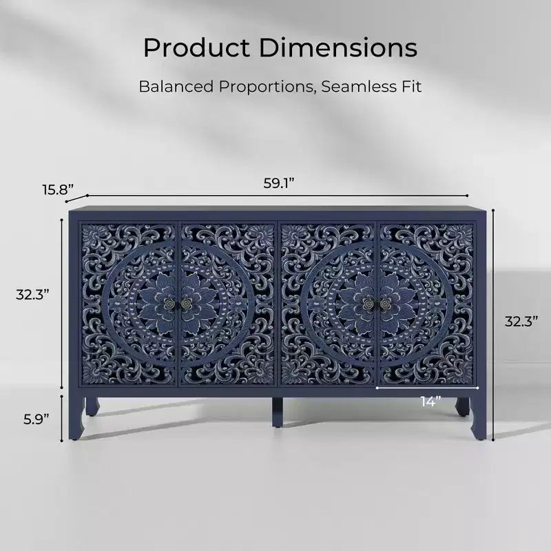 Credenza Buffet con Mobile Contenitore, Mobile Contenitore Effetto Invecchiato con 4 Ante Intagliate e Ripiano Regolabile, Credenze Buffet Laterali in Legno