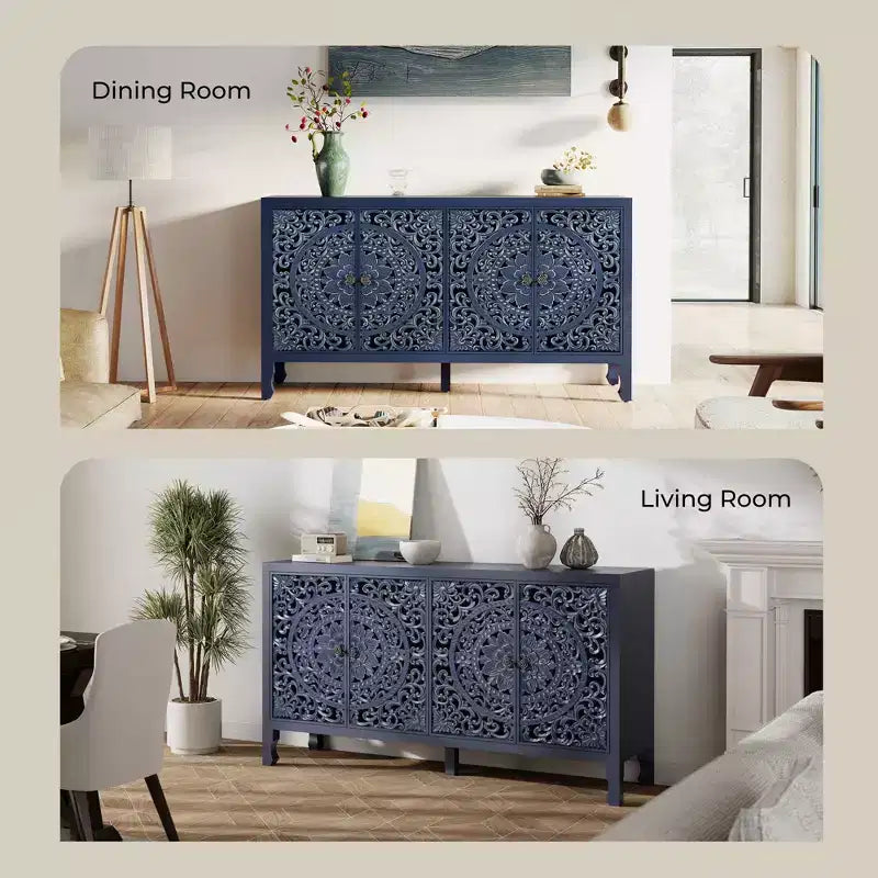Credenza Buffet con Mobile Contenitore, Mobile Contenitore Effetto Invecchiato con 4 Ante Intagliate e Ripiano Regolabile, Credenze Buffet Laterali in Legno