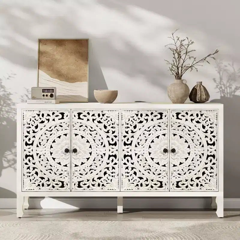 Credenza Buffet con Mobile Contenitore, Mobile Contenitore Effetto Invecchiato con 4 Ante Intagliate e Ripiano Regolabile, Credenze Buffet Laterali in Legno